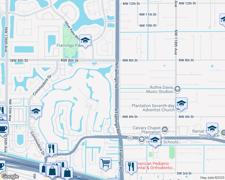 map of restaurants, bars, coffee shops, grocery stores, and more near 266 North Flamingo Road in Sunrise