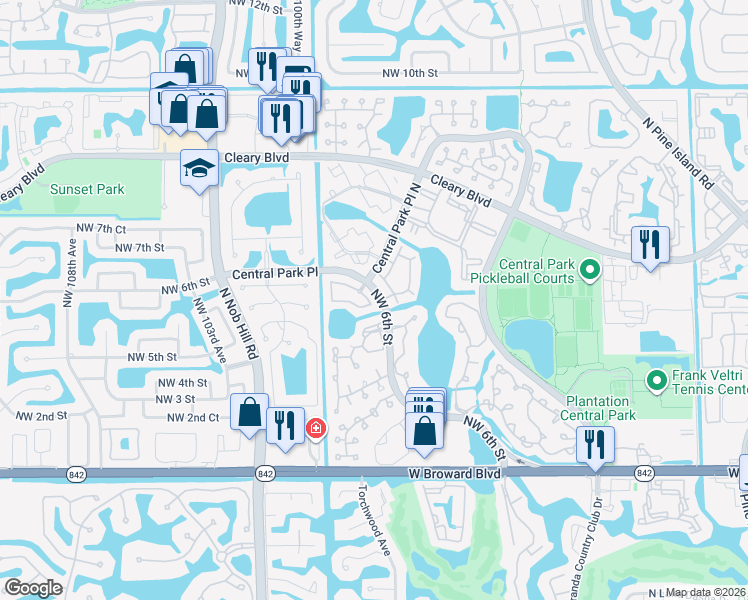 map of restaurants, bars, coffee shops, grocery stores, and more near 9821 Northwest 5th Place in Plantation