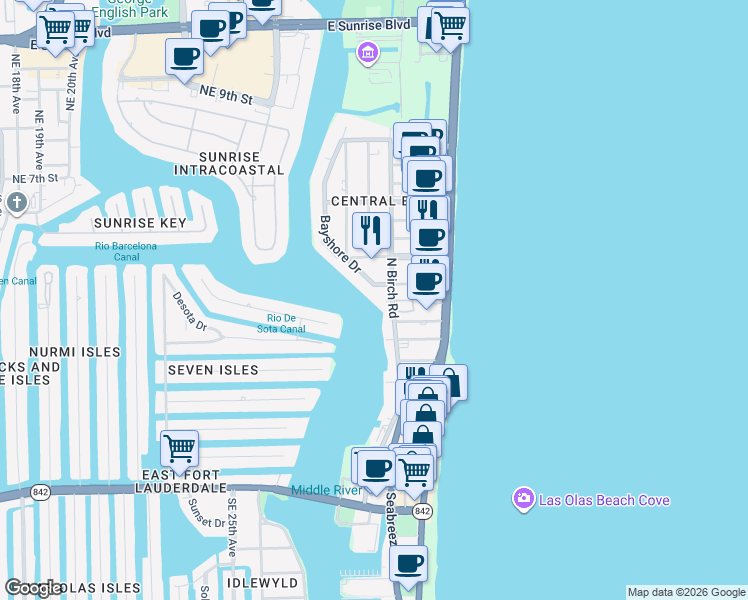 map of restaurants, bars, coffee shops, grocery stores, and more near 329 North Birch Road in Fort Lauderdale