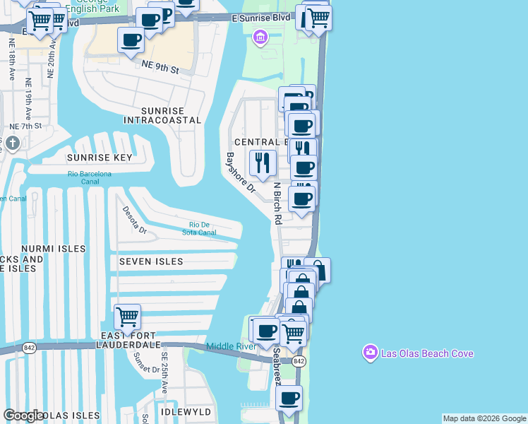 map of restaurants, bars, coffee shops, grocery stores, and more near 329 North Birch Road in Fort Lauderdale