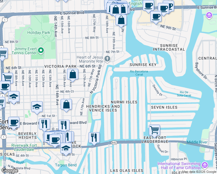 map of restaurants, bars, coffee shops, grocery stores, and more near 411 Hendricks Isle in Fort Lauderdale