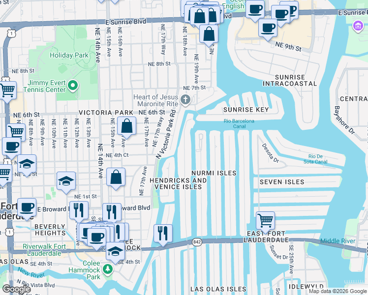 map of restaurants, bars, coffee shops, grocery stores, and more near 411 Hendricks Isle in Fort Lauderdale