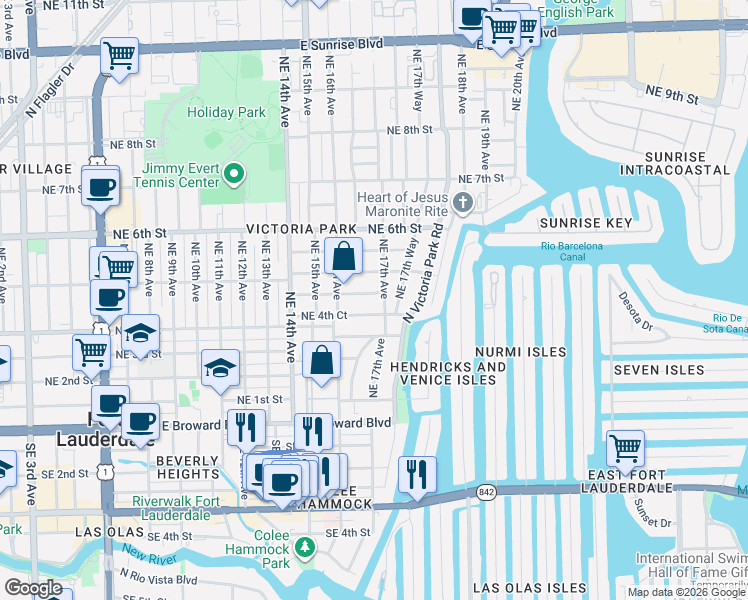 map of restaurants, bars, coffee shops, grocery stores, and more near 417 Northeast 17th Avenue in Fort Lauderdale