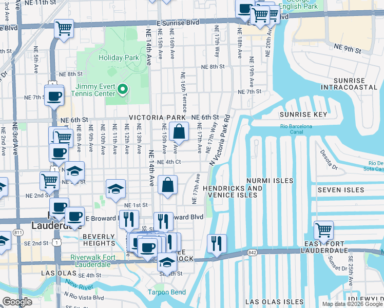 map of restaurants, bars, coffee shops, grocery stores, and more near 417 Northeast 17th Avenue in Fort Lauderdale