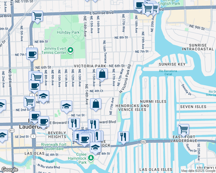 map of restaurants, bars, coffee shops, grocery stores, and more near 417 Northeast 17th Avenue in Fort Lauderdale