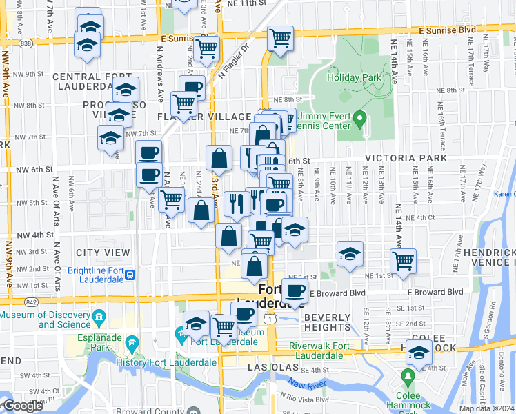 map of restaurants, bars, coffee shops, grocery stores, and more near 413 North Federal Highway in Fort Lauderdale
