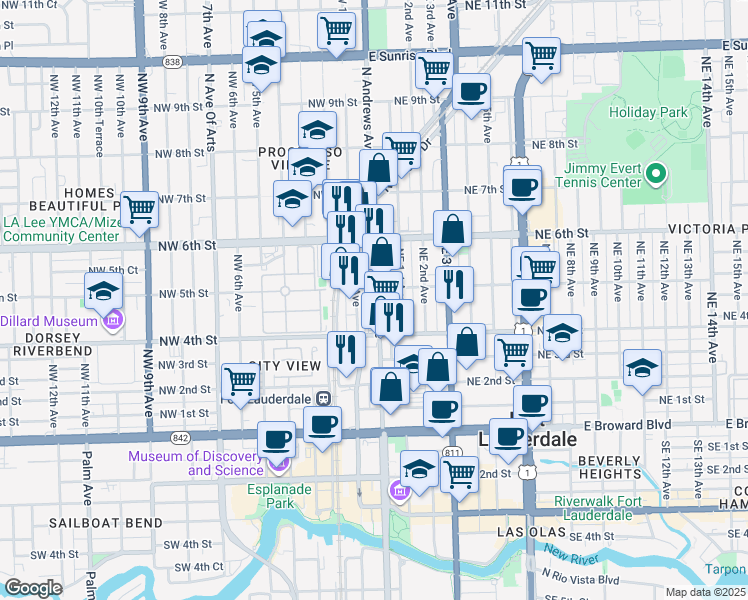 map of restaurants, bars, coffee shops, grocery stores, and more near 404 North Andrews Avenue in Fort Lauderdale