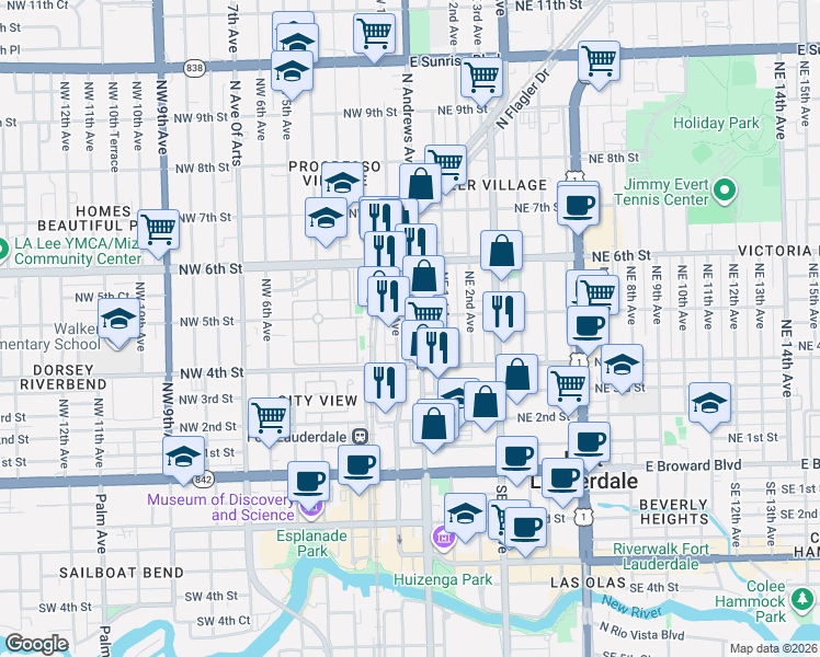map of restaurants, bars, coffee shops, grocery stores, and more near 404 North Andrews Avenue in Fort Lauderdale