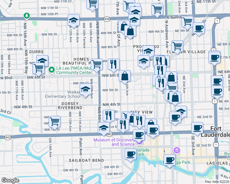 map of restaurants, bars, coffee shops, grocery stores, and more near 435 Northwest 7th Avenue in Fort Lauderdale