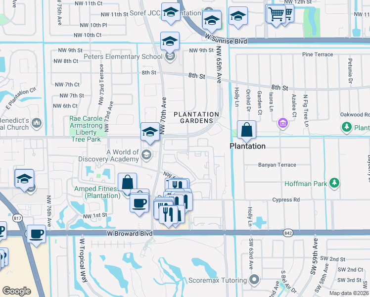 map of restaurants, bars, coffee shops, grocery stores, and more near 21 Northwest 68th Avenue in Plantation