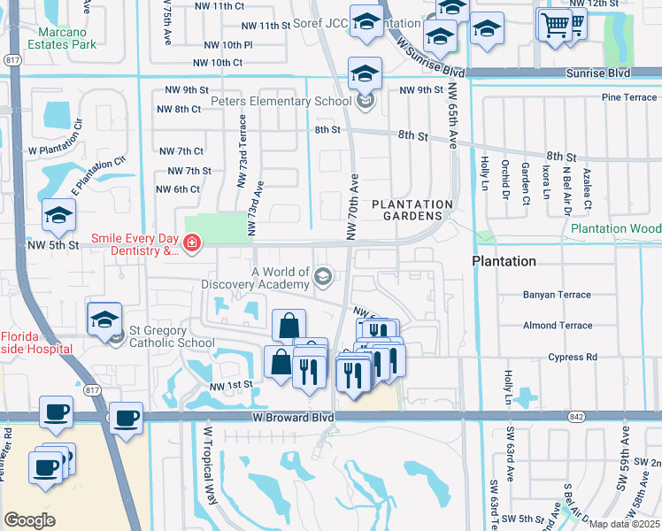 map of restaurants, bars, coffee shops, grocery stores, and more near 499 Northwest 70th Avenue in Plantation