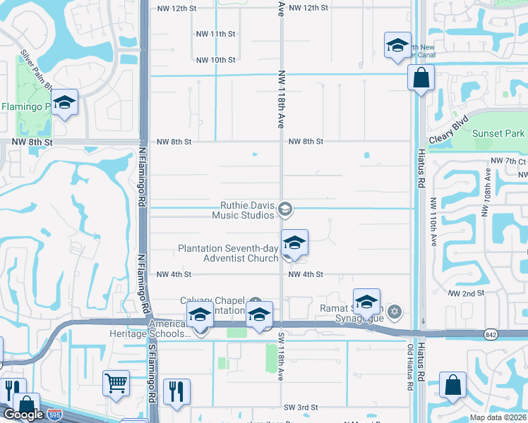 map of restaurants, bars, coffee shops, grocery stores, and more near 11810 Northwest 5th Court in Plantation