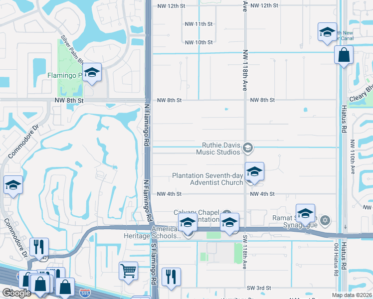 map of restaurants, bars, coffee shops, grocery stores, and more near 12110 Northwest 5th Court in Plantation