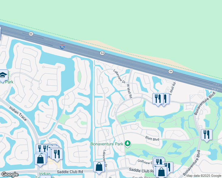 map of restaurants, bars, coffee shops, grocery stores, and more near 240 Lakeview Drive in Weston