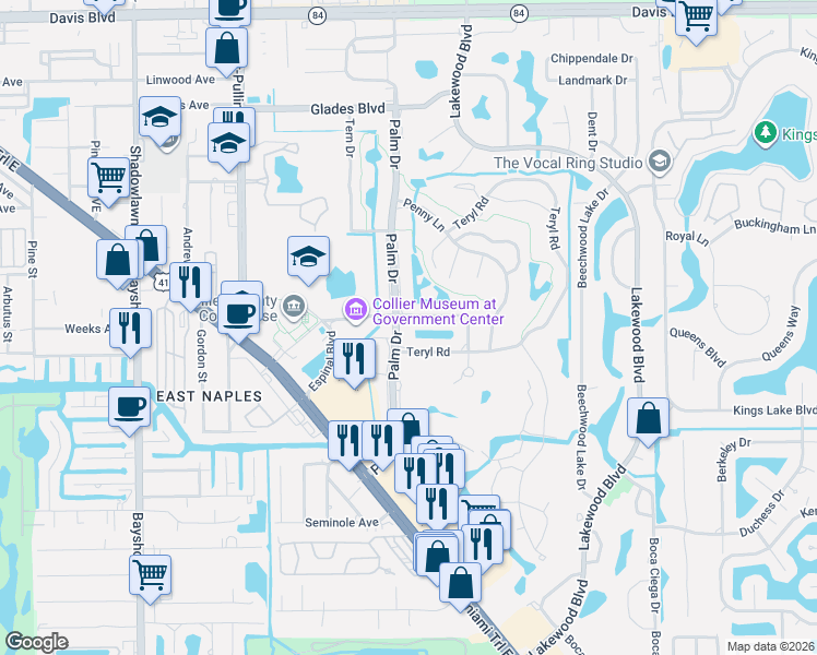 map of restaurants, bars, coffee shops, grocery stores, and more near 175 Palm Drive in Naples