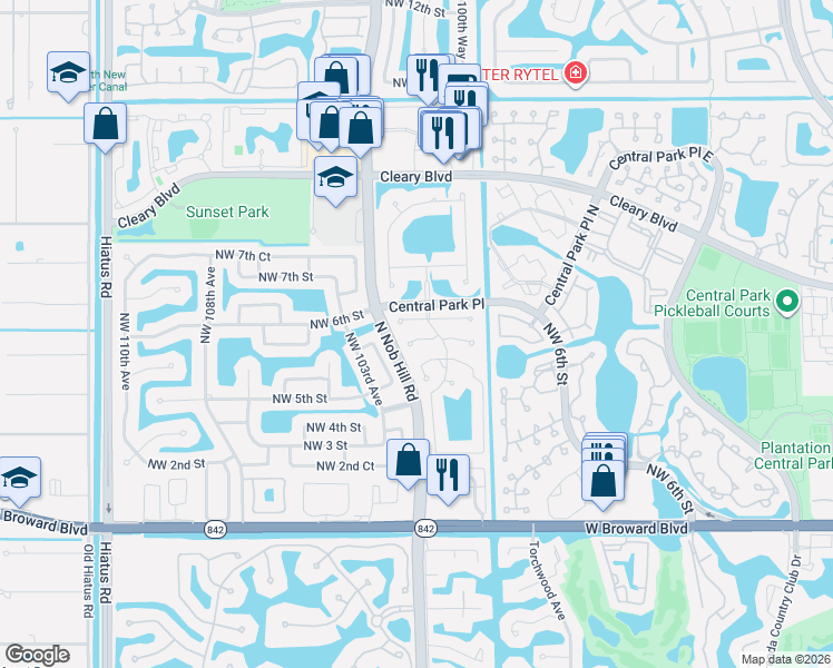 map of restaurants, bars, coffee shops, grocery stores, and more near 10188 Northwest 4th Street in Plantation