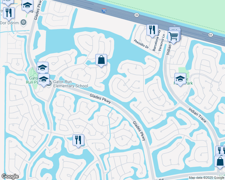 map of restaurants, bars, coffee shops, grocery stores, and more near 892 Savannah Falls Drive in Weston