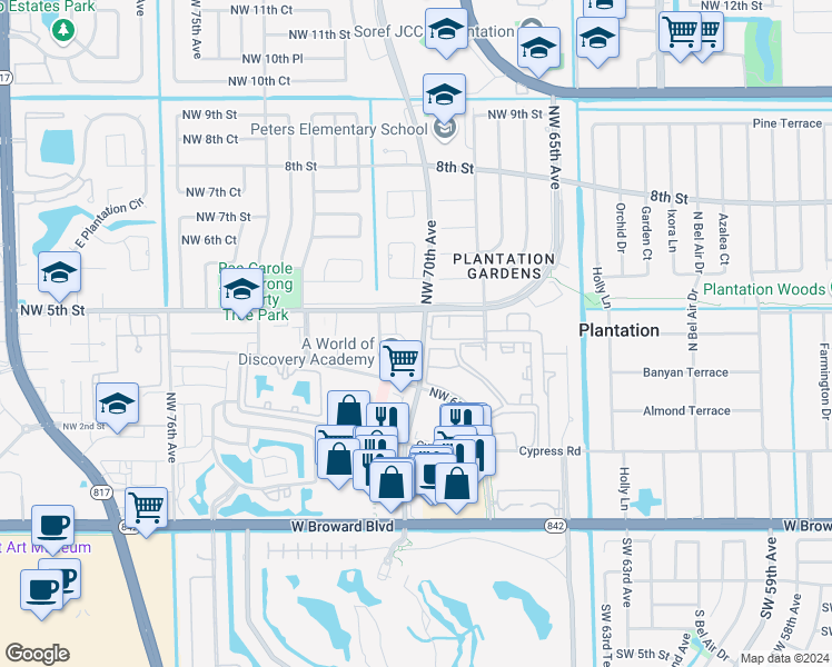 map of restaurants, bars, coffee shops, grocery stores, and more near 499 Northwest 70th Avenue in Plantation