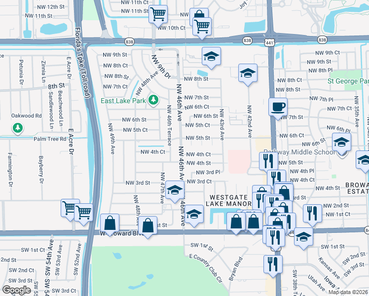 map of restaurants, bars, coffee shops, grocery stores, and more near 4550 Northwest 4th Court in Plantation