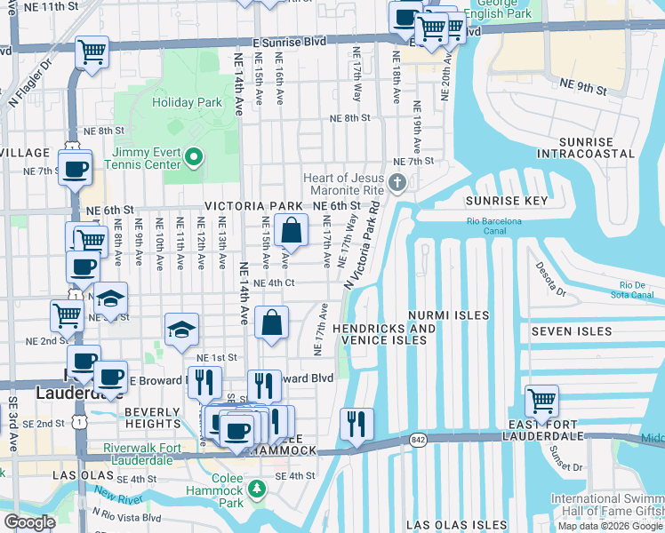 map of restaurants, bars, coffee shops, grocery stores, and more near 417 Northeast 17th Avenue in Fort Lauderdale