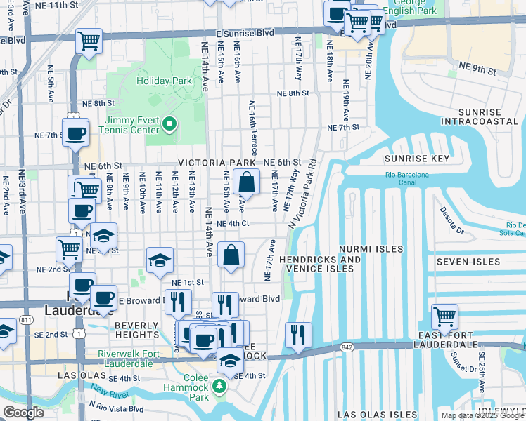 map of restaurants, bars, coffee shops, grocery stores, and more near 417 Northeast 17th Avenue in Fort Lauderdale