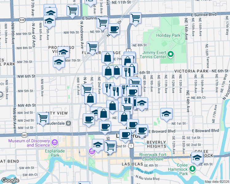 map of restaurants, bars, coffee shops, grocery stores, and more near 440 Northeast 4th Avenue in Fort Lauderdale