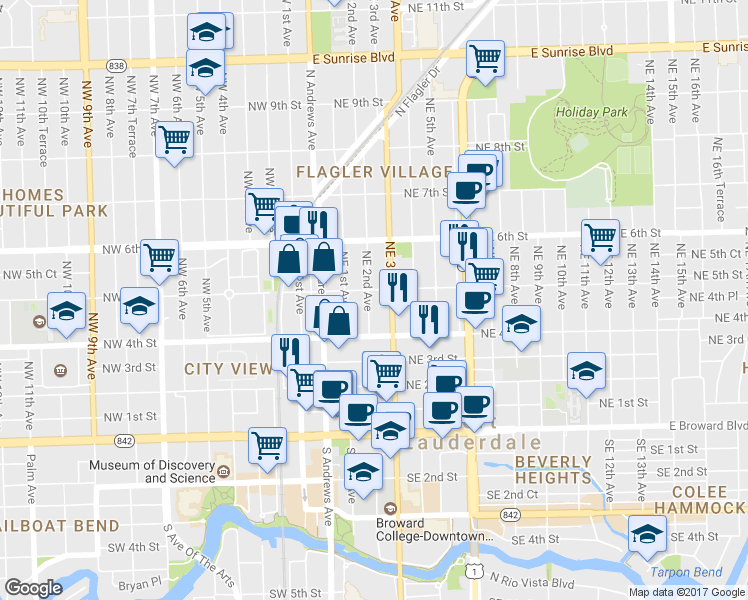 map of restaurants, bars, coffee shops, grocery stores, and more near 425 Northeast 2nd Avenue in Fort Lauderdale