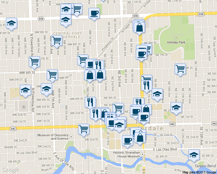 map of restaurants, bars, coffee shops, grocery stores, and more near 425 Northeast 2nd Avenue in Fort Lauderdale