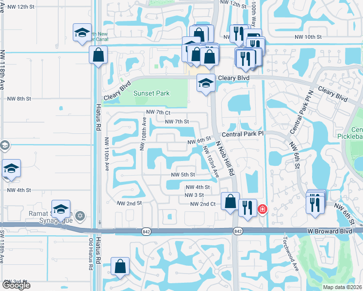 map of restaurants, bars, coffee shops, grocery stores, and more near 10500 Northwest 5th Manor in Plantation