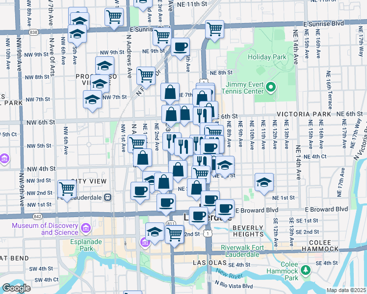 map of restaurants, bars, coffee shops, grocery stores, and more near 460 Northeast 4th Avenue in Fort Lauderdale