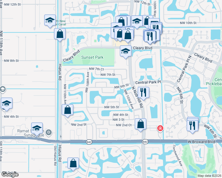 map of restaurants, bars, coffee shops, grocery stores, and more near 10500 Northwest 5th Manor in Plantation