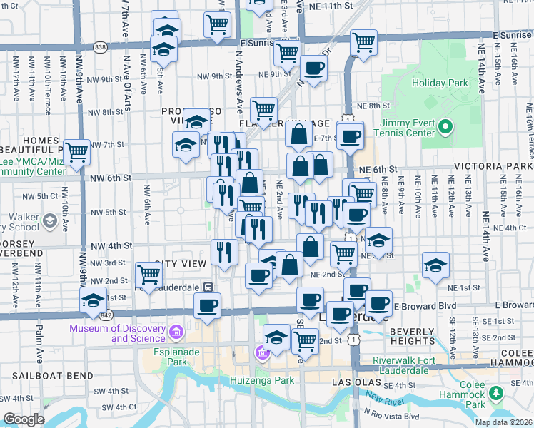 map of restaurants, bars, coffee shops, grocery stores, and more near 419 Northeast 2nd Avenue in Fort Lauderdale