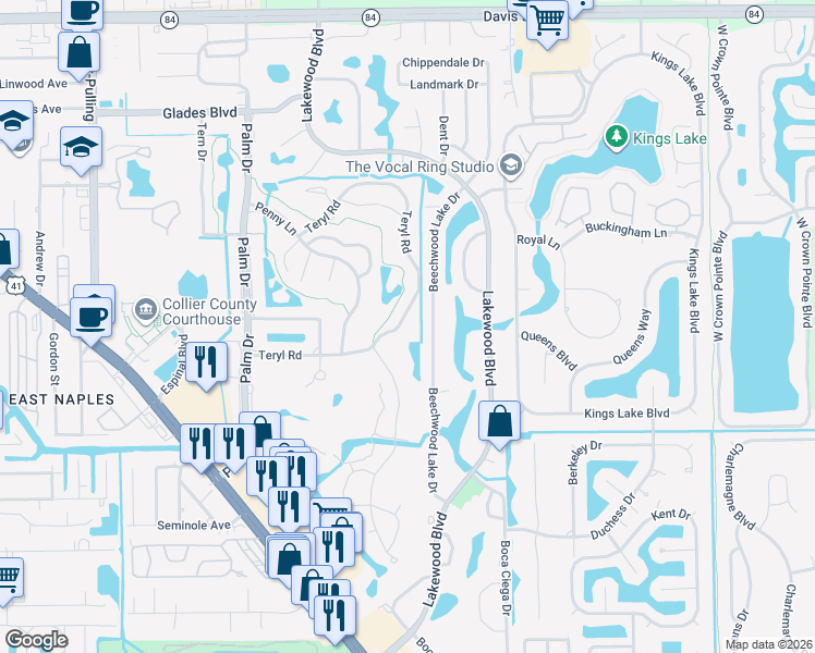 map of restaurants, bars, coffee shops, grocery stores, and more near 464 Teryl Road in Naples