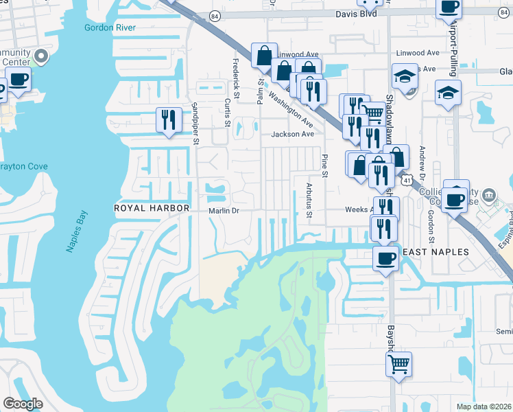 map of restaurants, bars, coffee shops, grocery stores, and more near 300 Marlin Drive in Naples