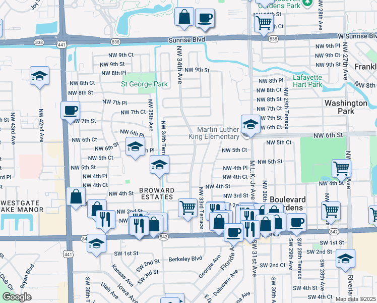 map of restaurants, bars, coffee shops, grocery stores, and more near in Lauderhill