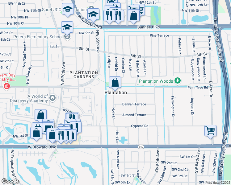 map of restaurants, bars, coffee shops, grocery stores, and more near in Plantation