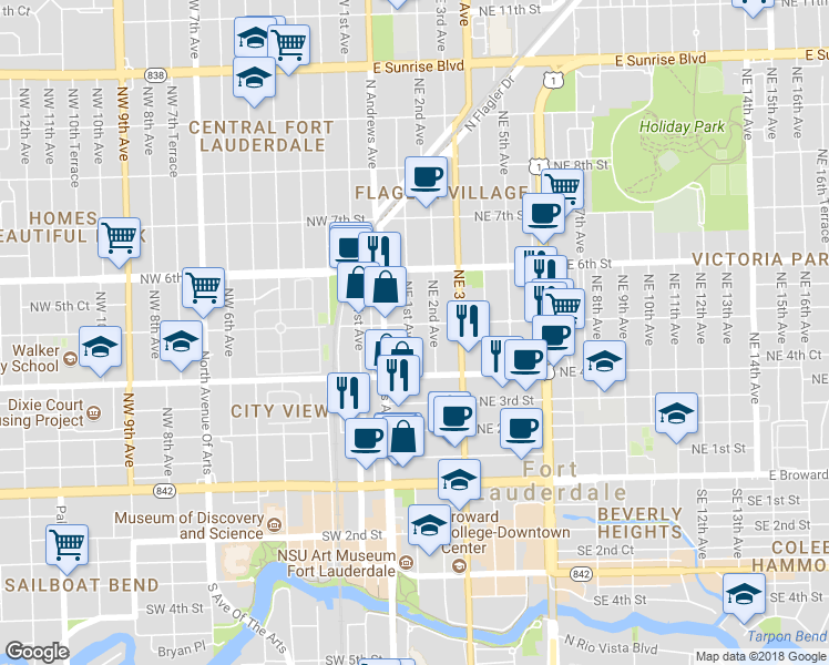map of restaurants, bars, coffee shops, grocery stores, and more near 419 Northeast 2nd Avenue in Fort Lauderdale