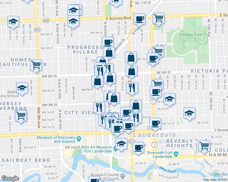 map of restaurants, bars, coffee shops, grocery stores, and more near 404 North Andrews Avenue in Fort Lauderdale