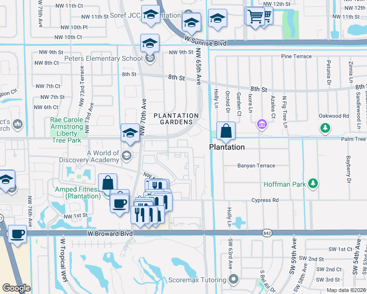 map of restaurants, bars, coffee shops, grocery stores, and more near 169 Northwest 68th Avenue in Plantation