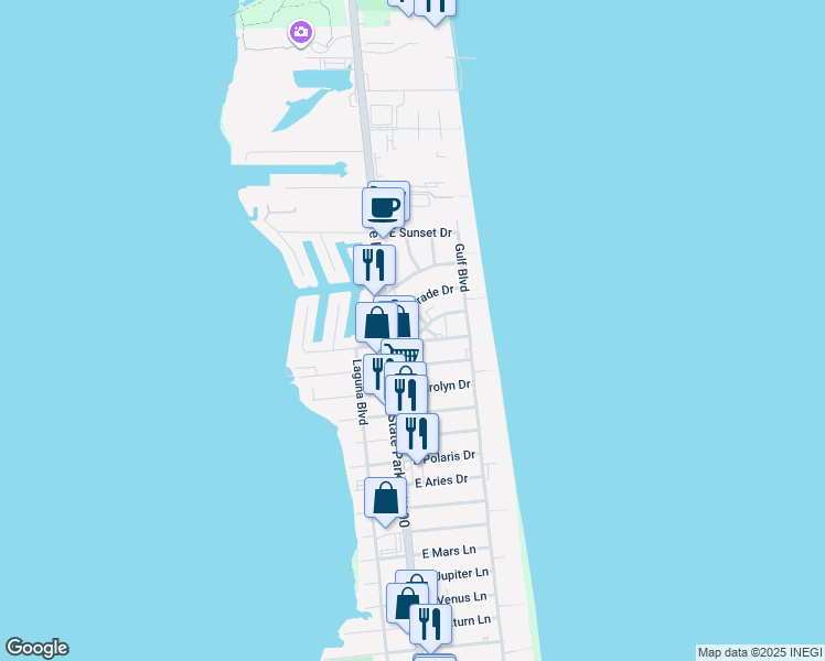 map of restaurants, bars, coffee shops, grocery stores, and more near 107A East Morningside Drive in South Padre Island