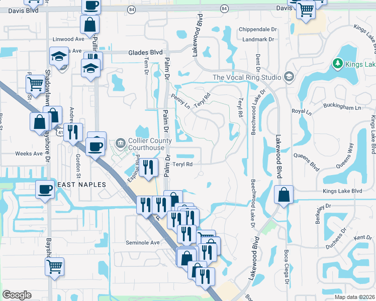 map of restaurants, bars, coffee shops, grocery stores, and more near 131 Teryl Road in Naples