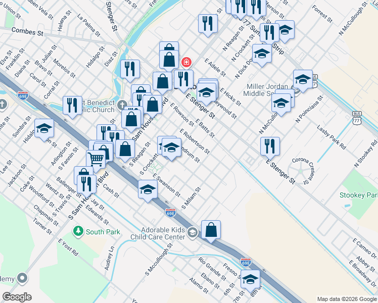 map of restaurants, bars, coffee shops, grocery stores, and more near 380 South Austin Street in San Benito