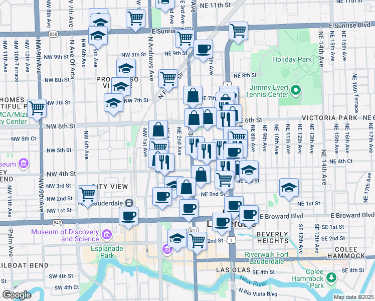 map of restaurants, bars, coffee shops, grocery stores, and more near 416 Northeast 3rd Street in Fort Lauderdale