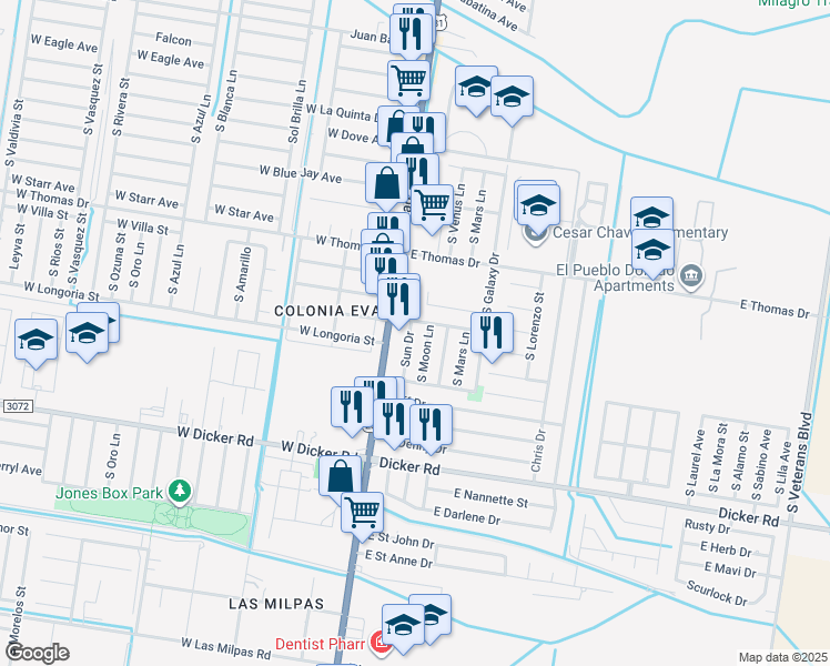 map of restaurants, bars, coffee shops, grocery stores, and more near 7003 Sun Drive in Pharr