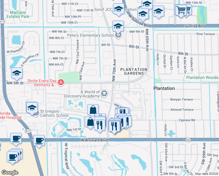 map of restaurants, bars, coffee shops, grocery stores, and more near 499 Northwest 70th Avenue in Plantation