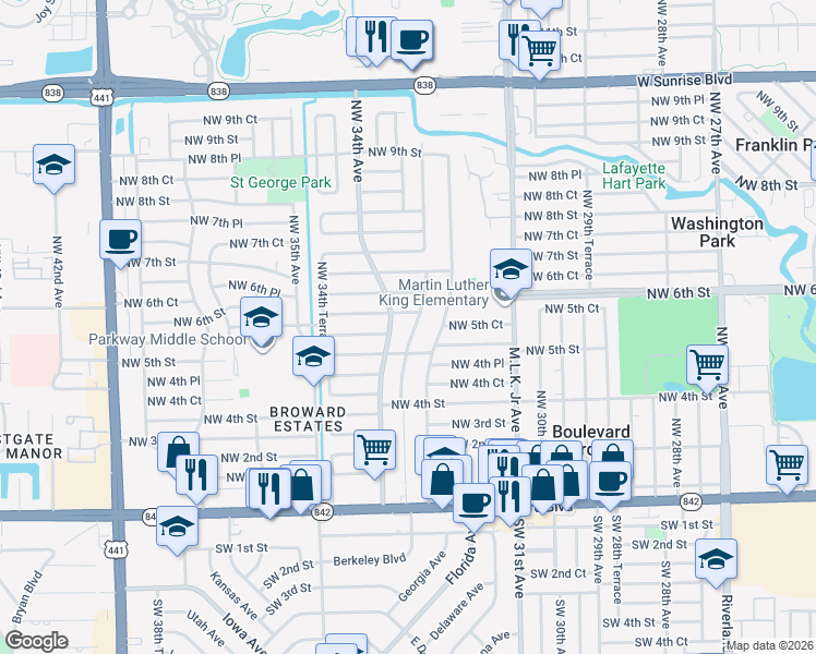 map of restaurants, bars, coffee shops, grocery stores, and more near 501 Northwest 33rd Avenue in Fort Lauderdale