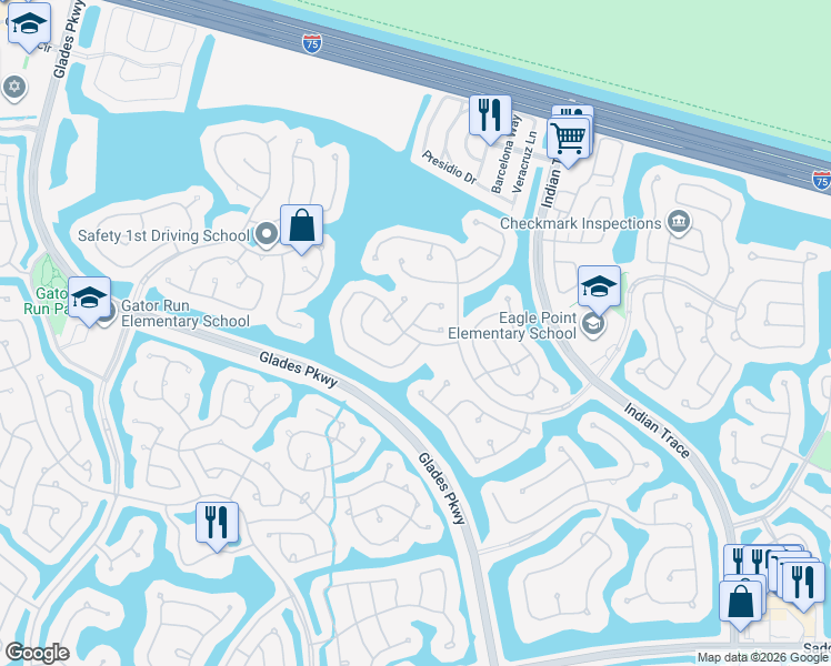 map of restaurants, bars, coffee shops, grocery stores, and more near 800 Savannah Falls Drive in Weston