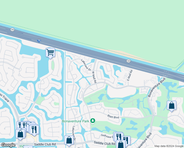 map of restaurants, bars, coffee shops, grocery stores, and more near 100 Lakeview Drive in Weston