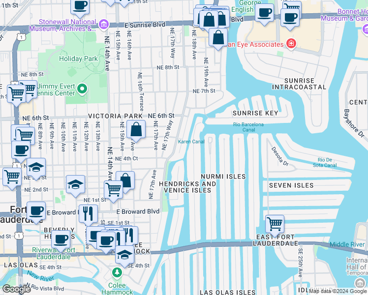 map of restaurants, bars, coffee shops, grocery stores, and more near 411 Hendricks Isle in Fort Lauderdale