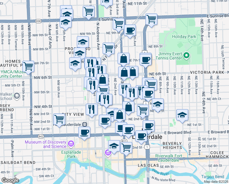 map of restaurants, bars, coffee shops, grocery stores, and more near 112 Northeast 5th Street in Fort Lauderdale